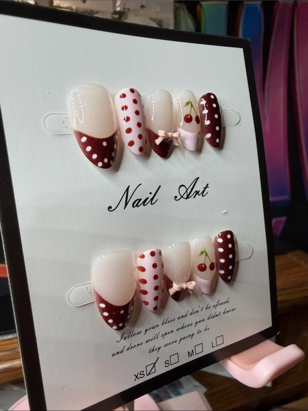 Nail Art Set - Cherry Polka Dot Design in Burgundy and White
